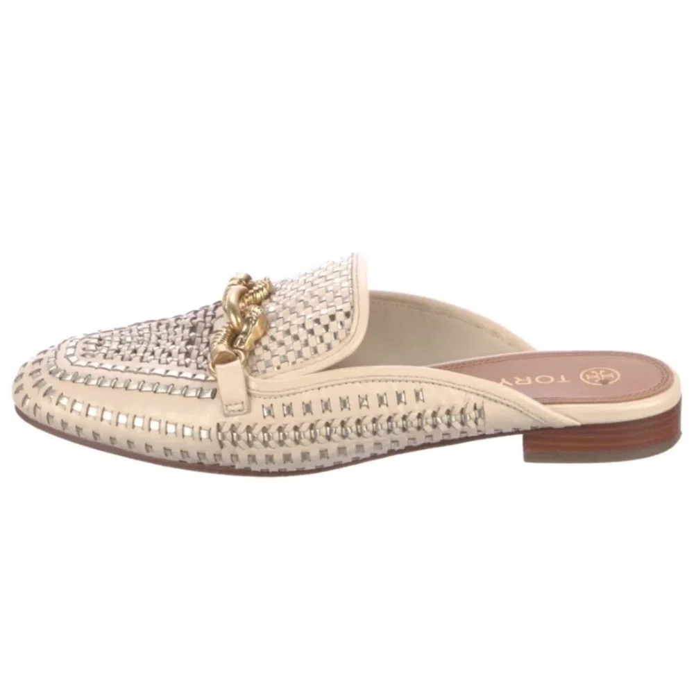 Tory Burch Jessa loafers backless mules clogs woven leather horsebit loafers